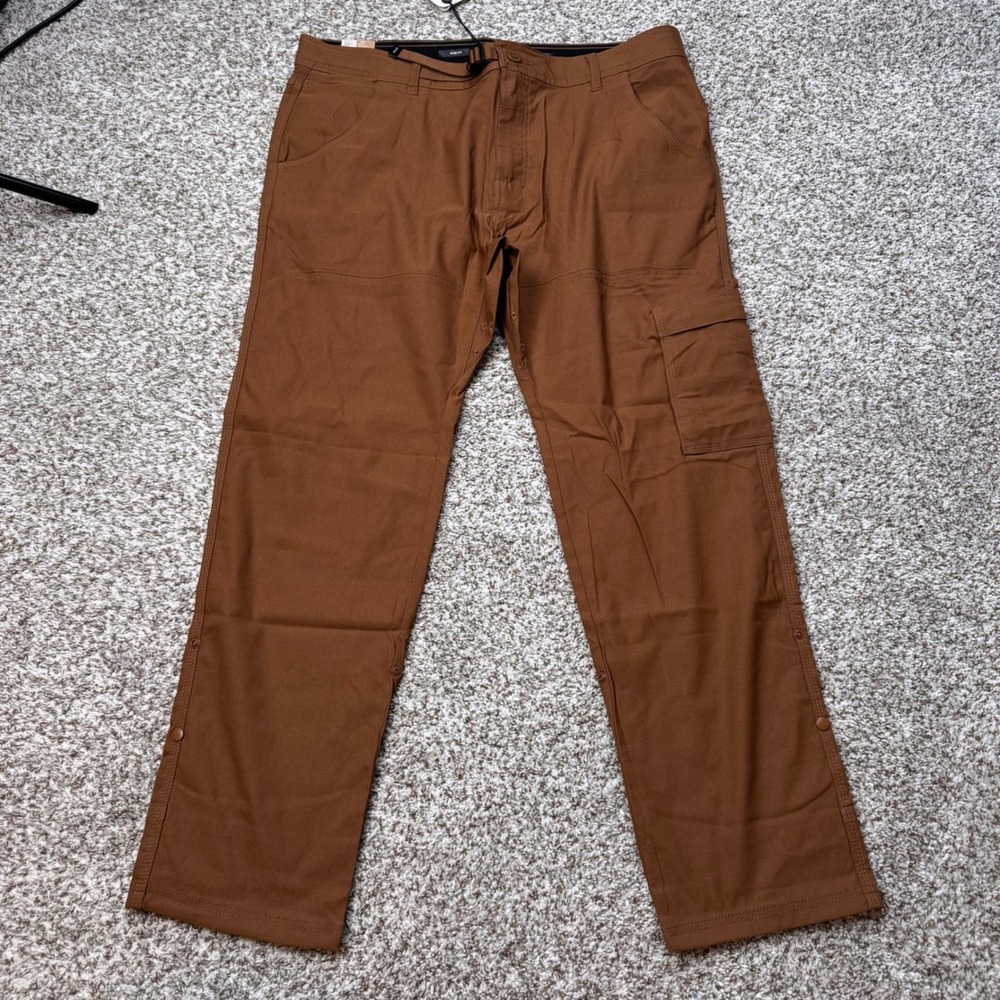 PrAna 38x32 Tapered Leg Stretch Zion Slim Fit Pants Brown Cargo Performance New - Picture 2 of 5